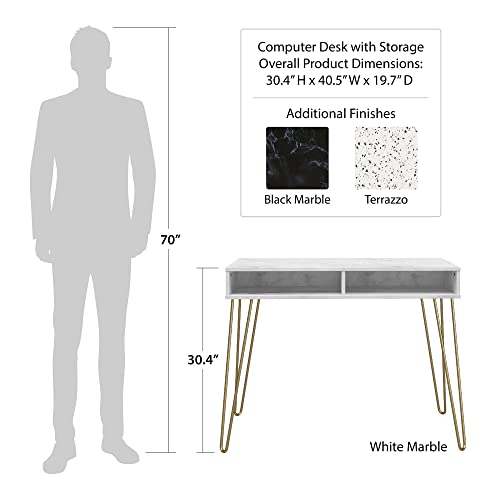 Novogratz Athena Computer Desk with Storage, White Marble