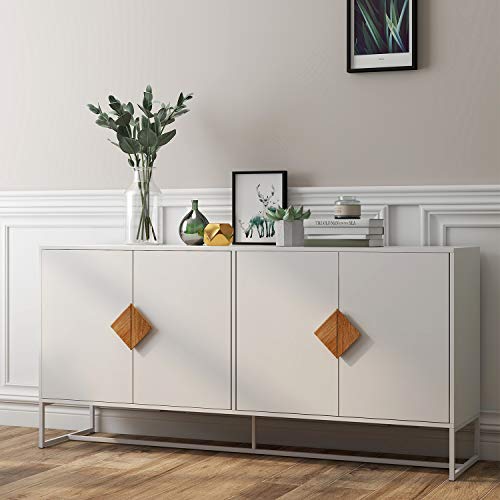 RASOO Buffet Cabinet White 4 Doors Modern Kitchen Buffet Storage Sideboard Cabinet Credenza Cabinet Cupboard with Adjustable Shelves