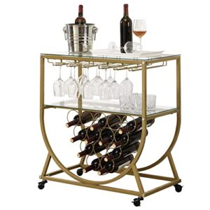 O&K FURNITURE Glass Bar Cart with Wine Rack, Bar Serving Cart on Wheels, Kitchen Storage Cart for The Home, Gold