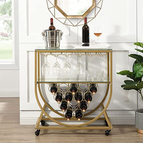 O&K FURNITURE Glass Bar Cart with Wine Rack, Bar Serving Cart on Wheels, Kitchen Storage Cart for The Home, Gold