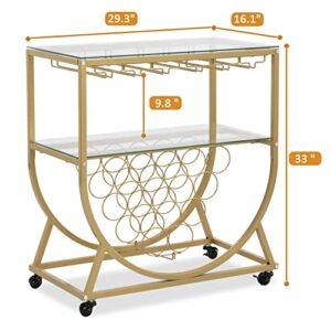 O&K FURNITURE Glass Bar Cart with Wine Rack, Bar Serving Cart on Wheels, Kitchen Storage Cart for The Home, Gold