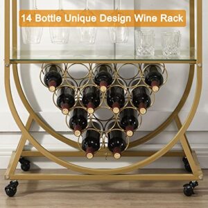 O&K FURNITURE Glass Bar Cart with Wine Rack, Bar Serving Cart on Wheels, Kitchen Storage Cart for The Home, Gold