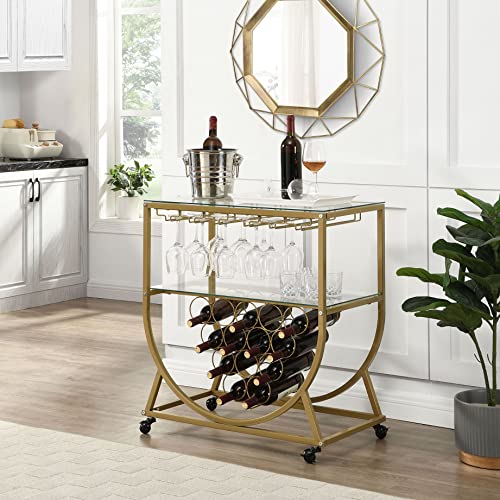 O&K FURNITURE Glass Bar Cart with Wine Rack, Bar Serving Cart on Wheels, Kitchen Storage Cart for The Home, Gold