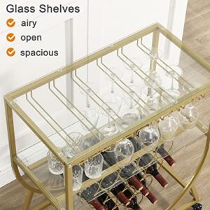 O&K FURNITURE Glass Bar Cart with Wine Rack, Bar Serving Cart on Wheels, Kitchen Storage Cart for The Home, Gold