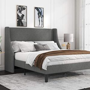 Allewie Full Size Bed Frame, Platform Bed Frame with Upholstered Headboard, Modern Deluxe Wingback, Wood Slat Support, Mattress Foundation, Light Grey