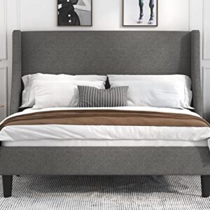 Allewie Full Size Bed Frame, Platform Bed Frame with Upholstered Headboard, Modern Deluxe Wingback, Wood Slat Support, Mattress Foundation, Light Grey