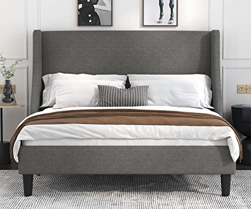 Allewie Full Size Bed Frame, Platform Bed Frame with Upholstered Headboard, Modern Deluxe Wingback, Wood Slat Support, Mattress Foundation, Light Grey