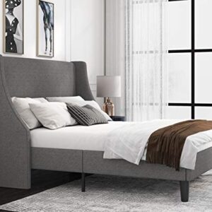 Allewie Full Size Bed Frame, Platform Bed Frame with Upholstered Headboard, Modern Deluxe Wingback, Wood Slat Support, Mattress Foundation, Light Grey