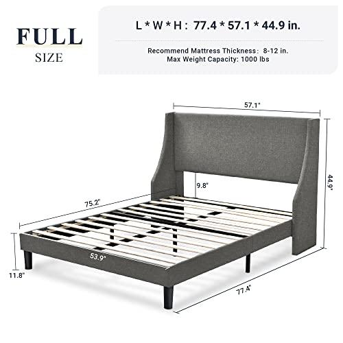 Allewie Full Size Bed Frame, Platform Bed Frame with Upholstered Headboard, Modern Deluxe Wingback, Wood Slat Support, Mattress Foundation, Light Grey