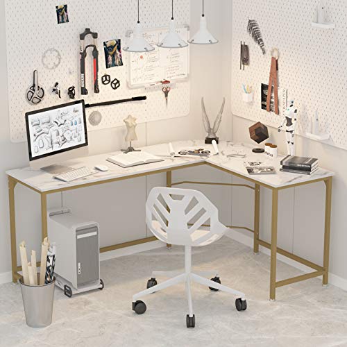Teraves Reversible L-Shaped Desk Corner Gaming Computer Desk Office Workstation Modern Home Study Writing Wooden Table (Large, White Marbling+ Gold Frame)
