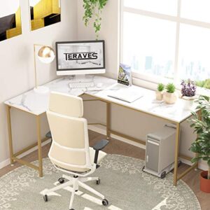 Teraves Reversible L-Shaped Desk Corner Gaming Computer Desk Office Workstation Modern Home Study Writing Wooden Table (Large, White Marbling+ Gold Frame)