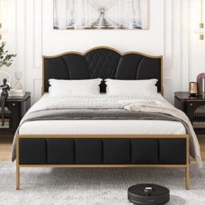 hithos queen size bed frame, modern upholstered pu bed frame with tufted headboard, heavy duty platform bed with wood slat support, noise free, no box spring needed (black, queen)