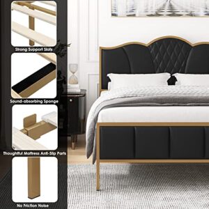 HITHOS Queen Size Bed Frame, Modern Upholstered PU Bed Frame with Tufted Headboard, Heavy Duty Platform Bed with Wood Slat Support, Noise Free, No Box Spring Needed (Black, Queen)