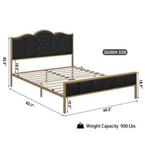 HITHOS Queen Size Bed Frame, Modern Upholstered PU Bed Frame with Tufted Headboard, Heavy Duty Platform Bed with Wood Slat Support, Noise Free, No Box Spring Needed (Black, Queen)