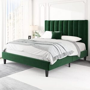 hoomic queen size platform bed frame with velvet upholstered plush vertical channel headboard, no box spring needed, easy assembly, green