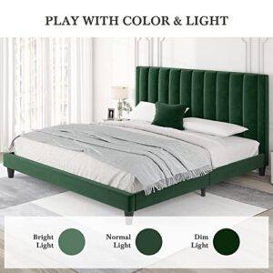 HOOMIC Queen Size Platform Bed Frame with Velvet Upholstered Plush Vertical Channel Headboard, No Box Spring Needed, Easy Assembly, Green
