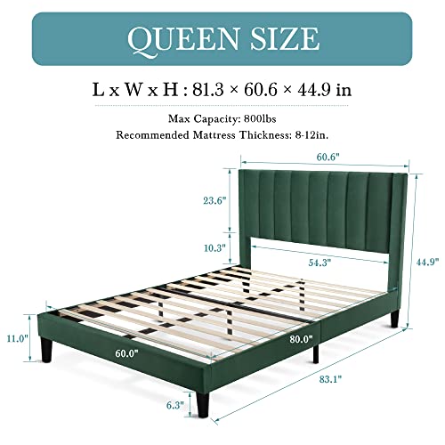 HOOMIC Queen Size Platform Bed Frame with Velvet Upholstered Plush Vertical Channel Headboard, No Box Spring Needed, Easy Assembly, Green
