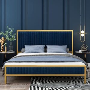 hifit bed frame queen size, queen bed frame with headboard, heavy duty metal foundation, upholstered bed frame with velvet tufted headboard, wood slat support, no box spring needed, gold & navy blue