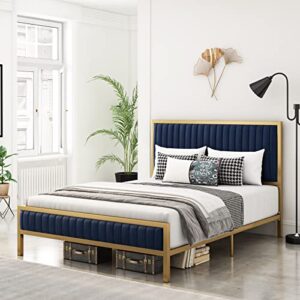 HIFIT Bed Frame Queen Size, Queen Bed Frame with Headboard, Heavy Duty Metal Foundation, Upholstered Bed Frame with Velvet Tufted Headboard, Wood Slat Support, No Box Spring Needed, Gold & Navy Blue
