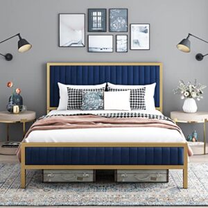 HIFIT Bed Frame Queen Size, Queen Bed Frame with Headboard, Heavy Duty Metal Foundation, Upholstered Bed Frame with Velvet Tufted Headboard, Wood Slat Support, No Box Spring Needed, Gold & Navy Blue