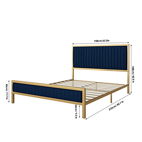HIFIT Bed Frame Queen Size, Queen Bed Frame with Headboard, Heavy Duty Metal Foundation, Upholstered Bed Frame with Velvet Tufted Headboard, Wood Slat Support, No Box Spring Needed, Gold & Navy Blue