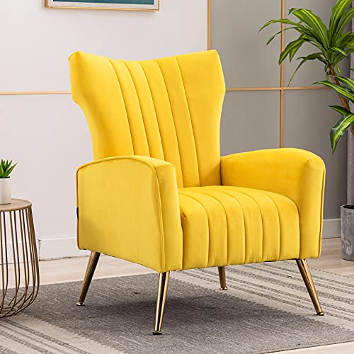 Artechworks Curved Tufted Accent Chair with Metal Gold Legs Velvet Upholstered Arm Club Leisure Modern Chair for Living Room Bedroom Patio, Yellow