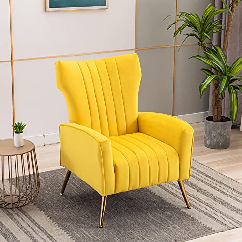 Artechworks Curved Tufted Accent Chair with Metal Gold Legs Velvet Upholstered Arm Club Leisure Modern Chair for Living Room Bedroom Patio, Yellow