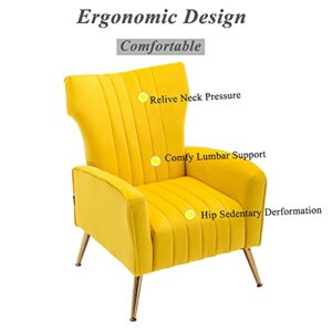 Artechworks Curved Tufted Accent Chair with Metal Gold Legs Velvet Upholstered Arm Club Leisure Modern Chair for Living Room Bedroom Patio, Yellow
