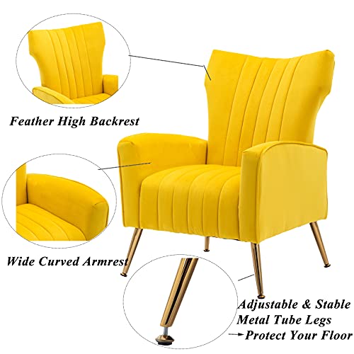 Artechworks Curved Tufted Accent Chair with Metal Gold Legs Velvet Upholstered Arm Club Leisure Modern Chair for Living Room Bedroom Patio, Yellow