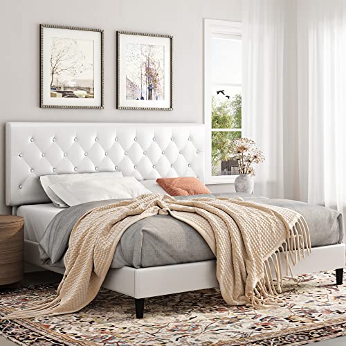 Keyluv Upholstered Platform Bed Frame with Button Tufted Headboard, Faux Leather, Wooden Slats Support, No Box Spring Needed, Easy Assembly, Queen Size, White