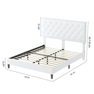 Keyluv Upholstered Platform Bed Frame with Button Tufted Headboard, Faux Leather, Wooden Slats Support, No Box Spring Needed, Easy Assembly, Queen Size, White