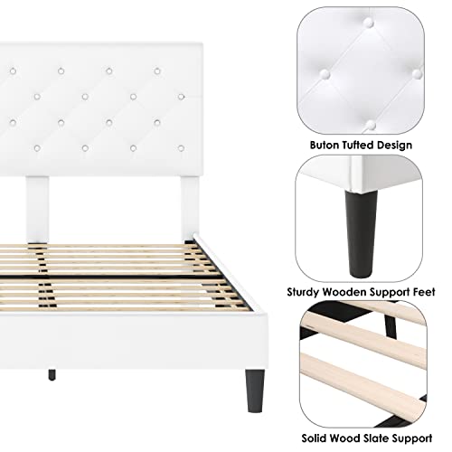 Keyluv Upholstered Platform Bed Frame with Button Tufted Headboard, Faux Leather, Wooden Slats Support, No Box Spring Needed, Easy Assembly, Queen Size, White