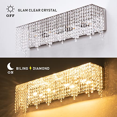 LUENFAT Crystal Bathroom-Light Fixtures Over Mirror, 24 in. Rectangular, Glam Mordern Style, Stainless Bathroom Vanity-Light Fixture with Sparking Clear Crystals