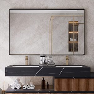iskm large black framed mirror for bathroom 60″ x 36″ wall mounted mirror black metal framed bathroom mirror for wall round corner hangs horizontal or vertical