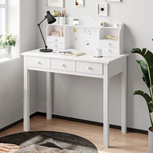 ADORNEVE Writing Desk with USB Port, Home Office Desk with Drawers and Hutch, 36.2" Study Table Computer Desk for Student/Adults, Computer Work Station with Storage Shelf, 7 Drawers, White