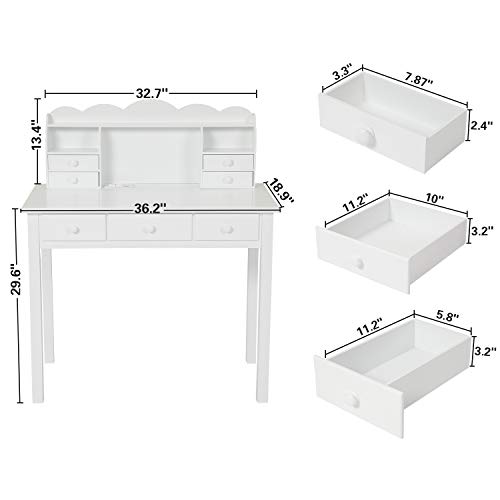 ADORNEVE Writing Desk with USB Port, Home Office Desk with Drawers and Hutch, 36.2" Study Table Computer Desk for Student/Adults, Computer Work Station with Storage Shelf, 7 Drawers, White