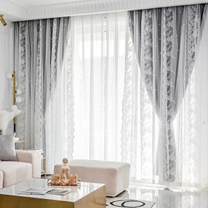 erzhuizi double layer blackout curtains for bedroom window curtain with hooks sheer embroidery tulle curtains drapes for living room bedroom, 2 panel,grey-3×2.7mx2