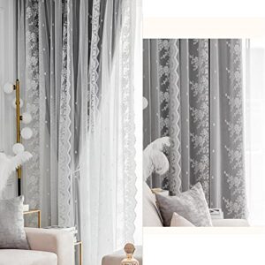ErZhuiZi Double Layer Blackout Curtains for Bedroom Window Curtain with Hooks Sheer Embroidery Tulle Curtains Drapes for Living Room Bedroom, 2 Panel,Grey-3x2.7Mx2