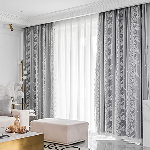 ErZhuiZi Double Layer Blackout Curtains for Bedroom Window Curtain with Hooks Sheer Embroidery Tulle Curtains Drapes for Living Room Bedroom, 2 Panel,Grey-3x2.7Mx2