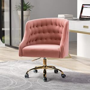 velvet home office chair with gold base, comfortable modern cute desk chair, adjustable swivel task chair for living room bedroom vanity study, pink