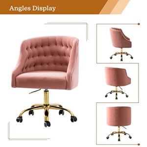 Velvet Home Office Chair with Gold Base, Comfortable Modern Cute Desk Chair, Adjustable Swivel Task Chair for Living Room Bedroom Vanity Study, Pink