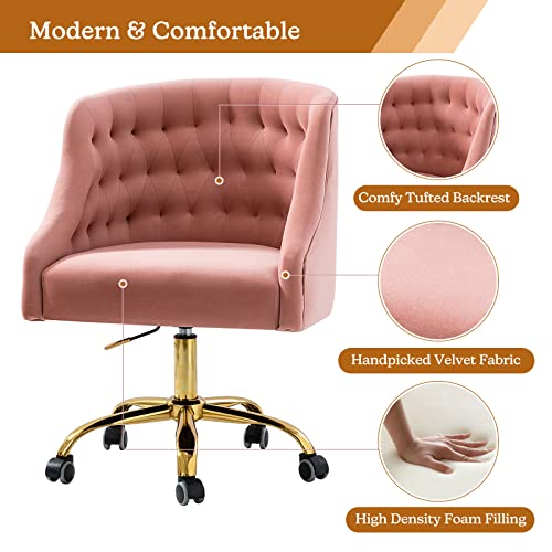 Velvet Home Office Chair with Gold Base, Comfortable Modern Cute Desk Chair, Adjustable Swivel Task Chair for Living Room Bedroom Vanity Study, Pink