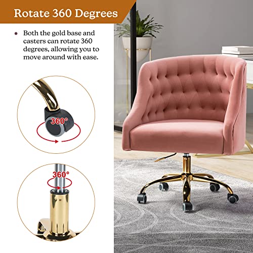 Velvet Home Office Chair with Gold Base, Comfortable Modern Cute Desk Chair, Adjustable Swivel Task Chair for Living Room Bedroom Vanity Study, Pink