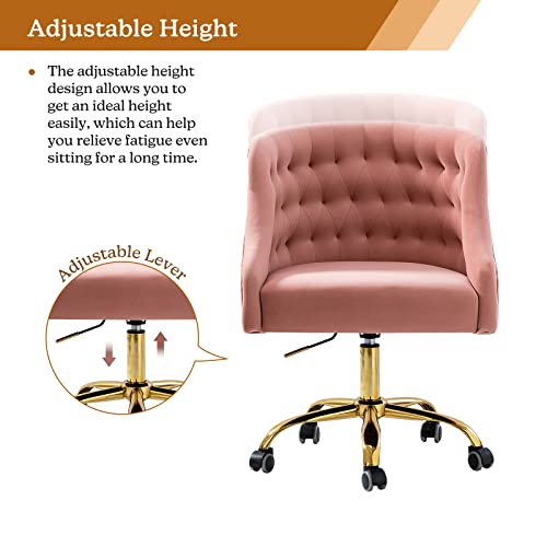 Velvet Home Office Chair with Gold Base, Comfortable Modern Cute Desk Chair, Adjustable Swivel Task Chair for Living Room Bedroom Vanity Study, Pink