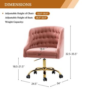 Velvet Home Office Chair with Gold Base, Comfortable Modern Cute Desk Chair, Adjustable Swivel Task Chair for Living Room Bedroom Vanity Study, Pink