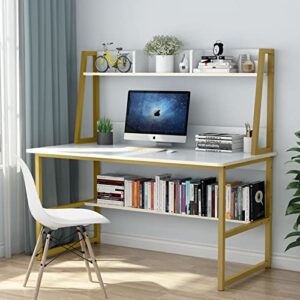 tribesigns computer desk with hutch, 47 inches home office desk with space saving design with bookshelf for small spaces (white &gold, 47)
