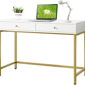 White-Vanity-Desk with 2 Drawers, White/Gold Home-Office-Desks Glossy Desktop Makeup-Vanity-Table Modern Writing Computer Standing Desk with Wood Top and Metal Frame for Home Office Bedroom Furniture