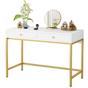 White-Vanity-Desk with 2 Drawers, White/Gold Home-Office-Desks Glossy Desktop Makeup-Vanity-Table Modern Writing Computer Standing Desk with Wood Top and Metal Frame for Home Office Bedroom Furniture