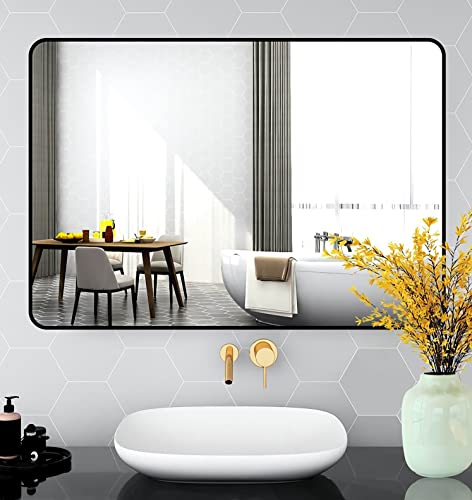 30 x 40 Bathroom Mirror Large Black Wall Mirror Rectangle Wall Mounted Mirror Metal Framed Mirror for Hanging Vertical or Horizontal, Rounded Corner
