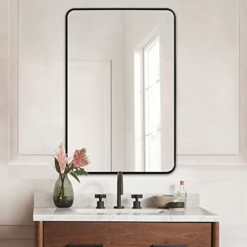 30 x 40 Bathroom Mirror Large Black Wall Mirror Rectangle Wall Mounted Mirror Metal Framed Mirror for Hanging Vertical or Horizontal, Rounded Corner